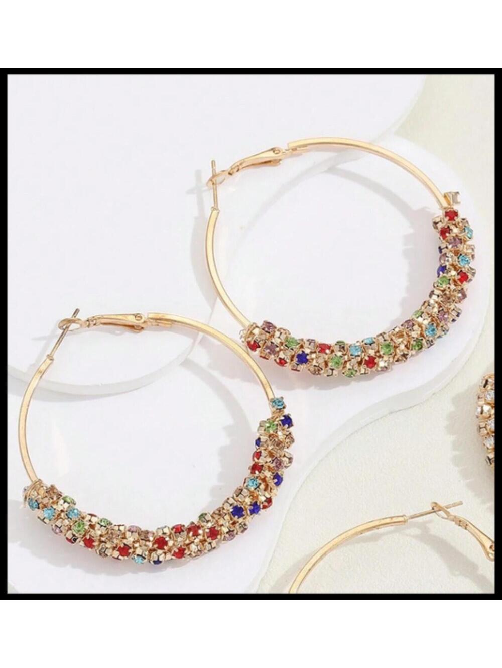 Large multicolor sparkle hoop - Earrings - Gold - CZs - 1.75" - Picture 2 of 4